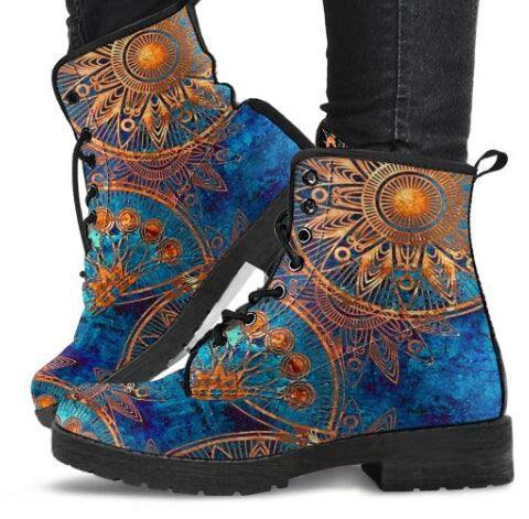 Blue Gold Boots - Ankle Boots,Women's Lace Up, Combat boots Classic Short boots - MaWeePet- Art on Apparel
