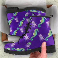 Seahorse Purple- Combat boots, Boho Hippie Boots - MaWeePet- Art on Apparel